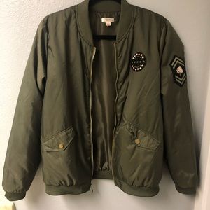 Army Green Patched Bomber Jacket